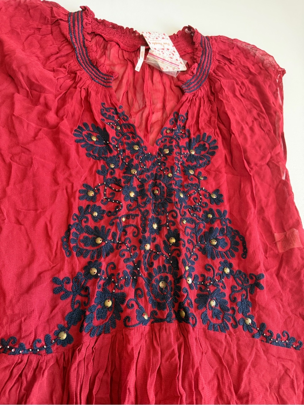 NWT Free People Red Sheer Embroidered Tunic Dress Size Medium Boho Beaded Maxi - Picture 3 of 10